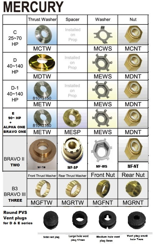 Mercury Mariner & Mercruiser Propeller nuts spacers and thrust washers and vent plugs