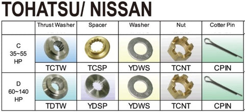 Tohatsu Propeller nuts spacers and thrust washers