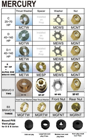 Mercury Mariner & Mercruiser Propeller nuts spacers and thrust washers and vent plugs
